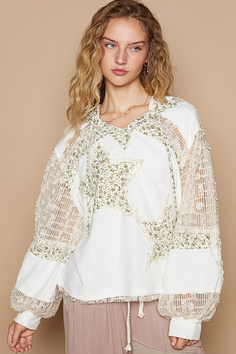 Star Patch Lace Contrast Long Sleeve Hooded Top