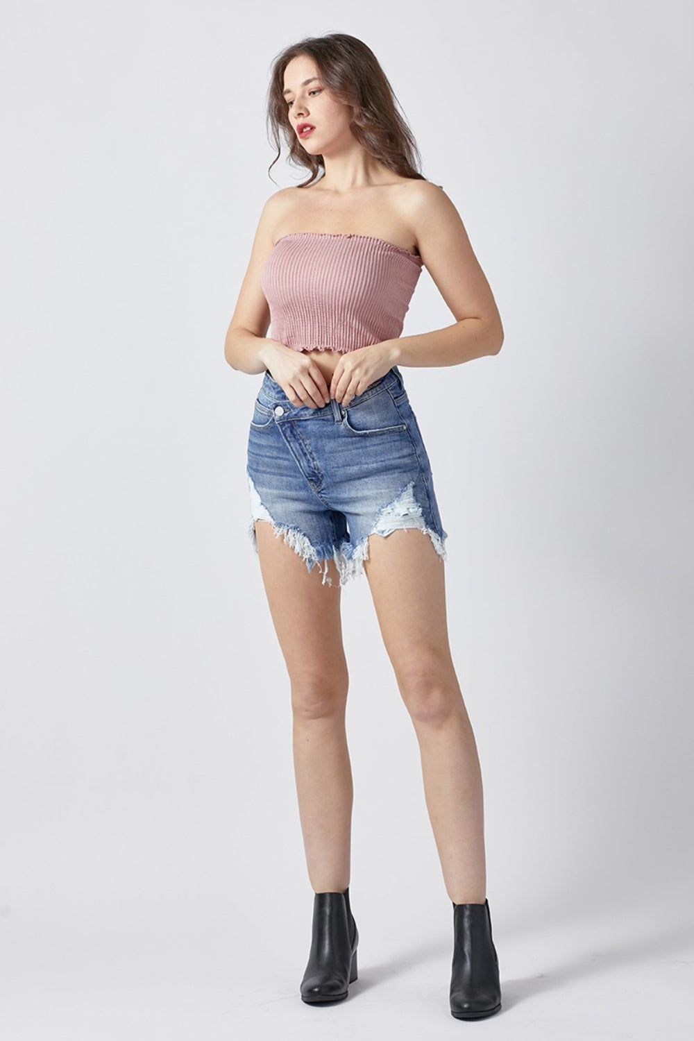 Raw Hem Asymmetrical Waist Denim Shorts