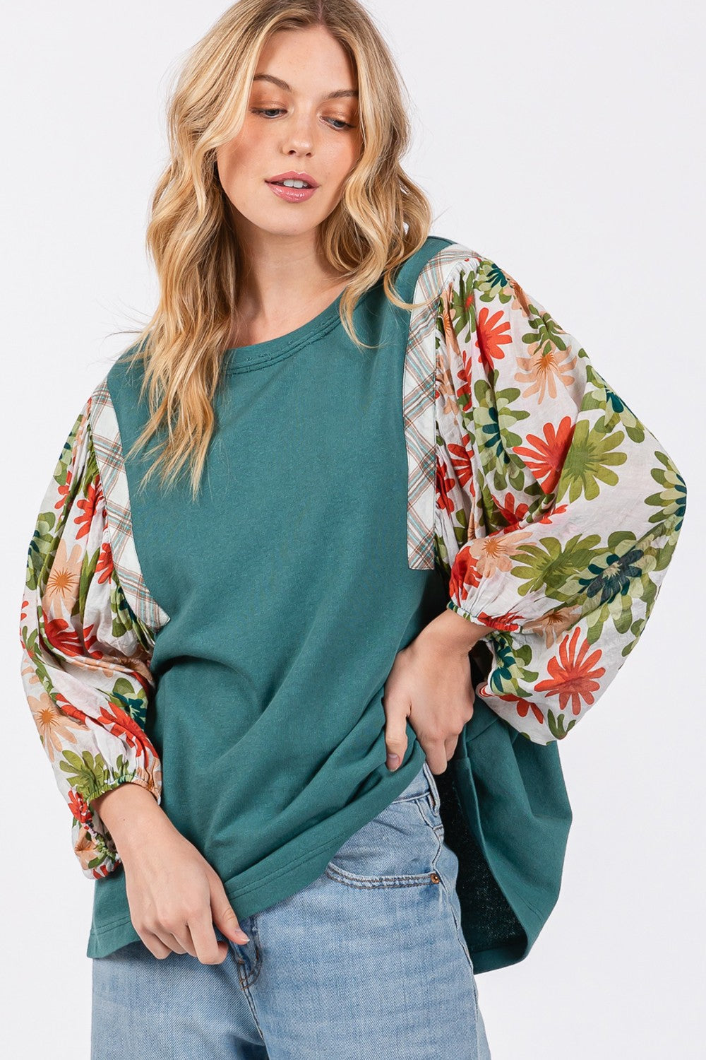 Full Size Printed Balloon Sleeve Contrast Top