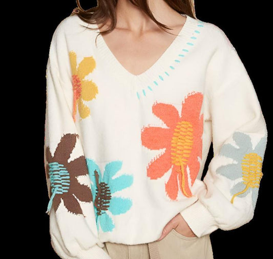 Floral Fringe V-Neck Sweater