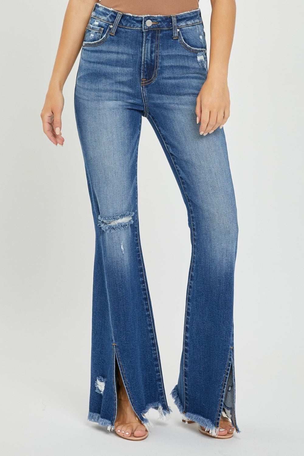 Full Size High Rise Front Slit Frayed Hem Flare Jeans