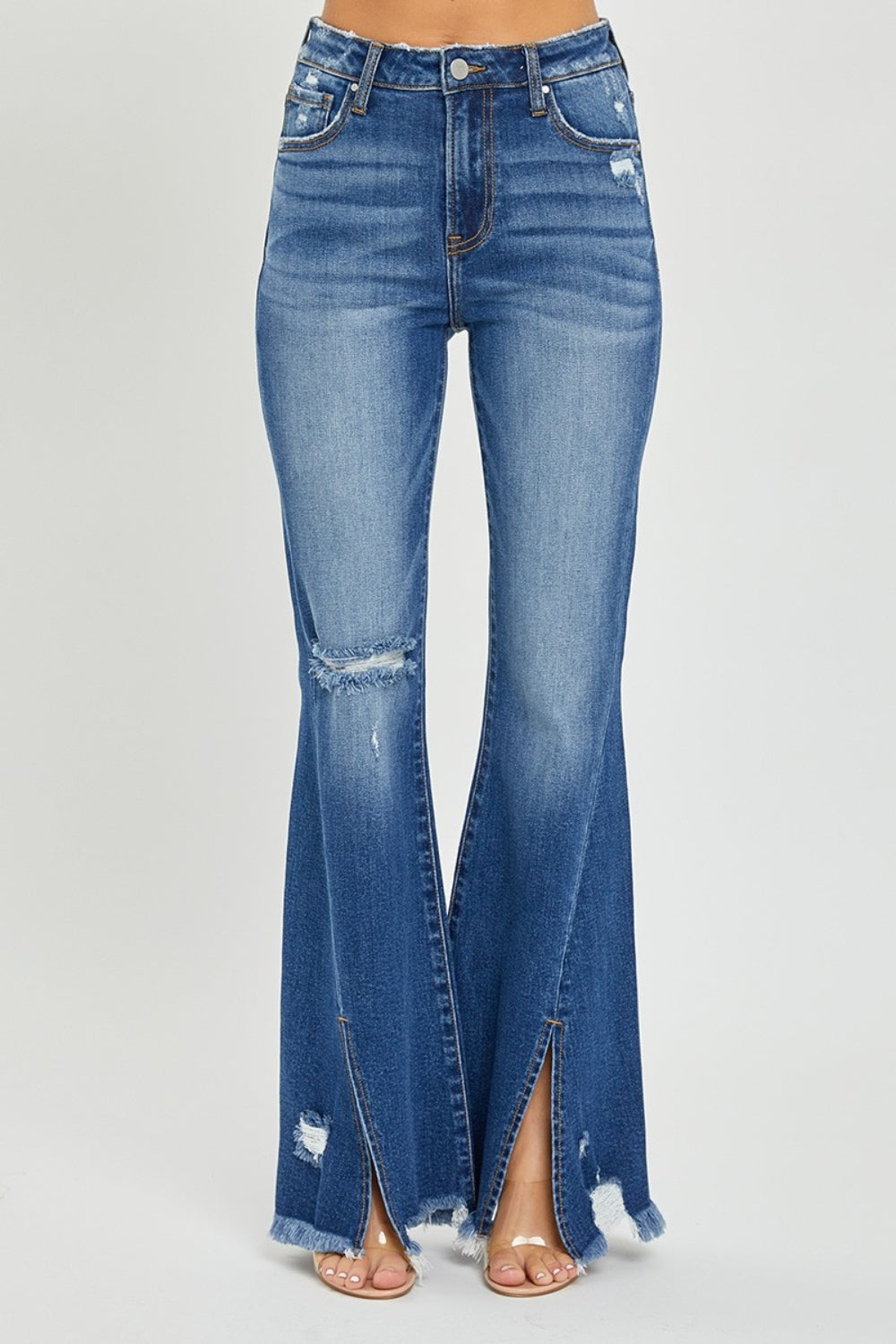 Full Size High Rise Front Slit Frayed Hem Flare Jeans