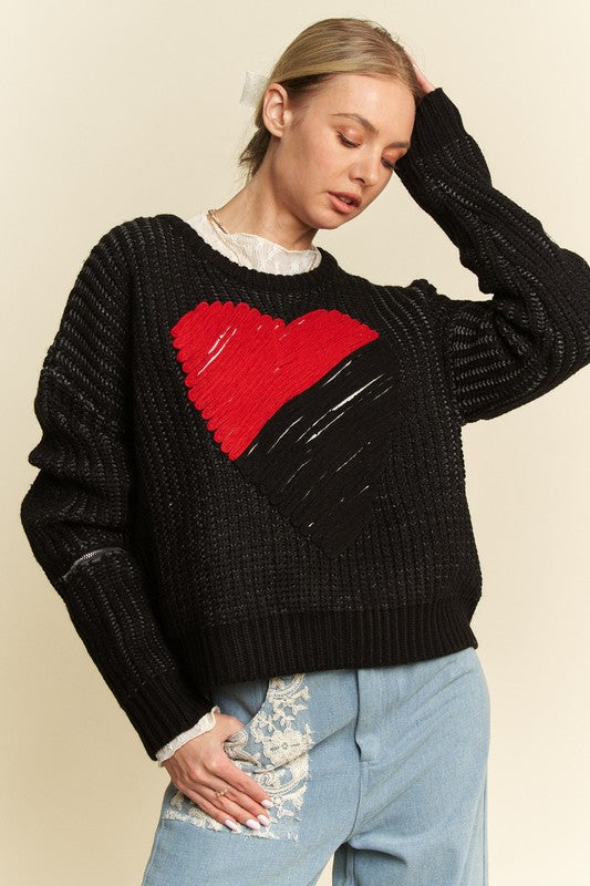 Contrast Heart Dropped Shoulder Sweater