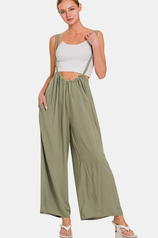 Pocketed Wide Strap Wide Leg Overalls