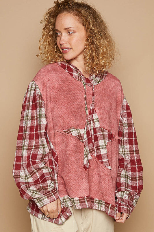 Star Patch Plaid Long Sleeve Hooded Top